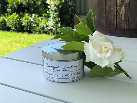Blissful Sundays Soy Candle - Travel Tins - Gardenia and Wild Truffle
