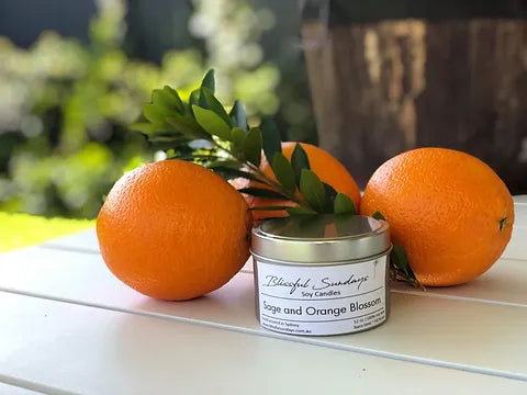 Blissful Sundays Soy Candle - Travel Tins - Sage and Orange Blossom